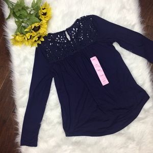 Philosophy Long Sleeve Navy Crochet Ruched Top